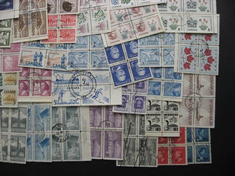 Canada 63 used 1950-73 era used blocks of 4, duplicates?,mixed condition.