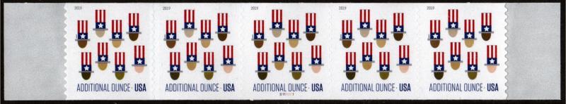 SC#5341 (15¢) Uncle Sam's Hat Plate Strip of Five: #B1111111 (2019) SA