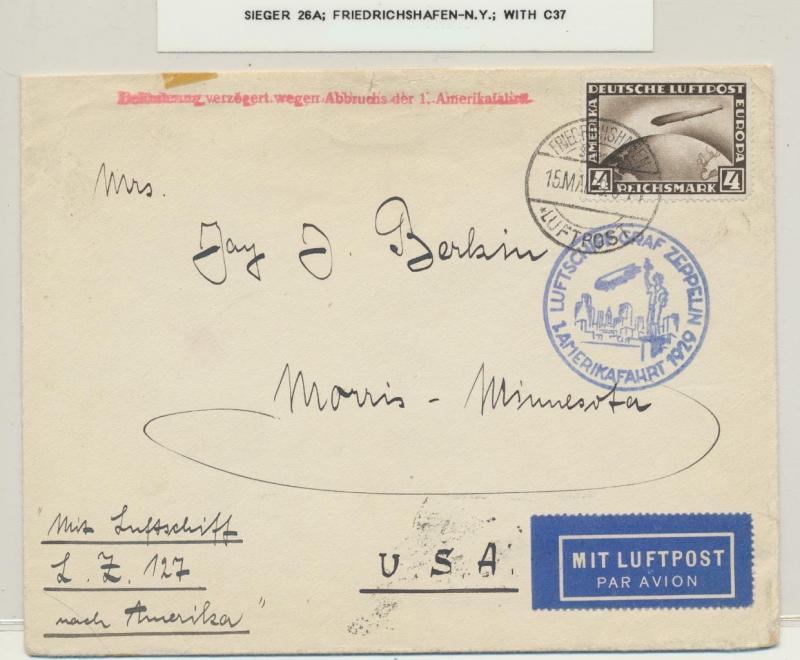 GERMANY TO NY 1929 GRAF ZEPPELIN COVER, 4M RATED Si#26A (SEE BELOW)