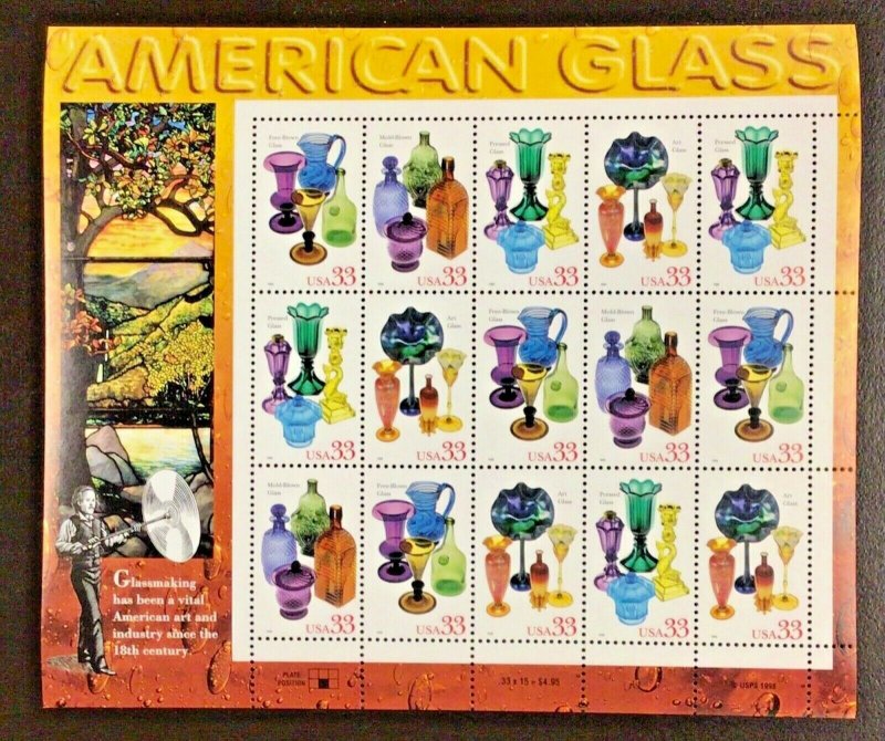 3325-3328   American Glass  MNH 33 c Sheet of 15   FV $4.95  Issued in 1999