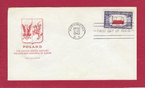 1943 5c Overrun Countries, Poland #909 FDC, Farnam