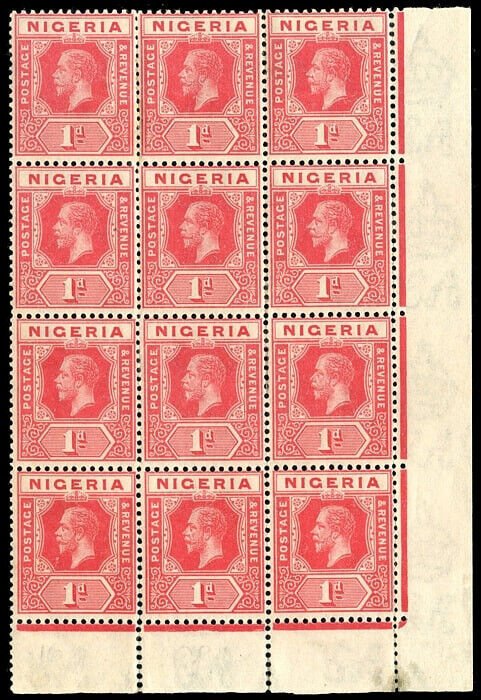 Nigeria 1921 KGV 1d rose-carmine SE corner block of twelve MNH. SG 16.
