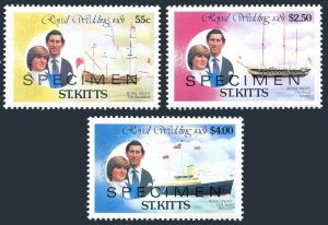 St Kitts 76,78,80 SPECIMEN, MNH. Wedding: Charles-Diana, 1981. Yacht, Ship.