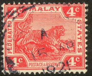 MALAYA 1906-22 4c Scarlet Die I TIGER Issue Sc 44b VFU