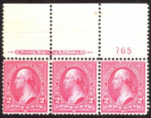 1895, US 2c, Perf separation on left stamp fold on top, MLH, Strip of 3, Sc 267a