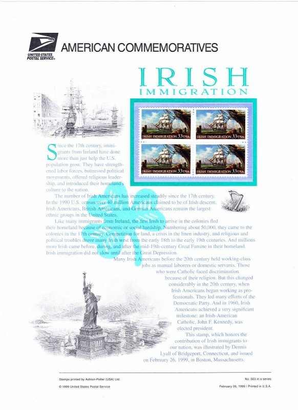 USPS Commemorative Panel 563 #3286 Irish Immigration Mint Blk/4 1999