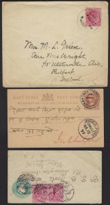 INDIA 1890 1900 FIVE ITEMS QUEEN VICTORIA POSTAL CARDS JUBBULPORE CALCUTTA & 3