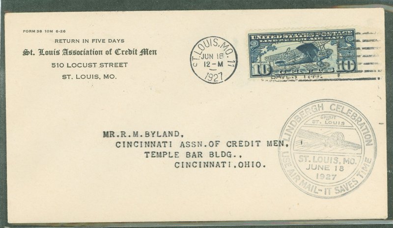 US C10 (1927) 10c Linbergh's Spirit of St. Louis (single) on an addressed (typed) First Day Cover with a han...