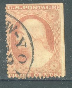 U.S. 25, 3cents WASHINGTON, PERFORATED, PLATELINE AT R. USED F-VF. (98W)