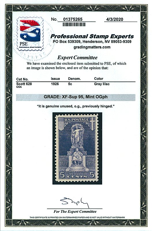 Scott 628 1926 5c Ericsson Issue Mint Graded XF-Sup 95 LH with PSE CERTIFICATE!