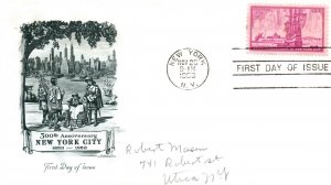 SCOTT 1027 NEW YORK CITY 300th ANNIVERSARY ON ARTMASTER CACHET FDC 1953