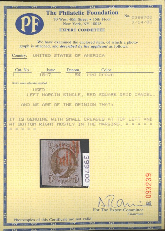 U.S. #1 USED WITH PF CERT RED SQUARE GRID CANCEL