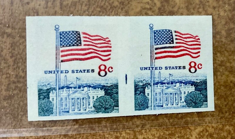 US Sc# 1338Gh NH 8c flag coil imperf  pair error  partial line and color bleed