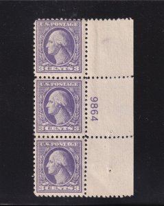 1918 Sc 530 3c purple MNH OG plate number strip of 3 (plate block CV $55) (A2