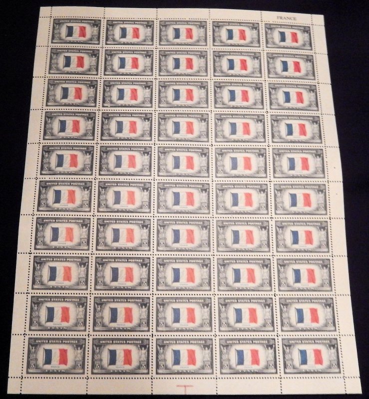 US #915 France, Sheet of 50, F/VF to XF mint never hinged, Overrun County, ve...