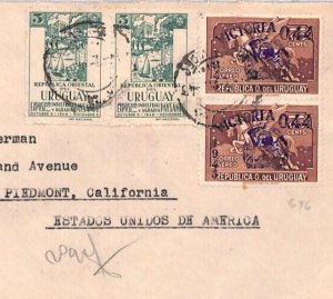 URUGUAY Air Mail 1945 *VICTORY* Pegasus SURCHARGES Cover Reg'd 1949 USA YU160