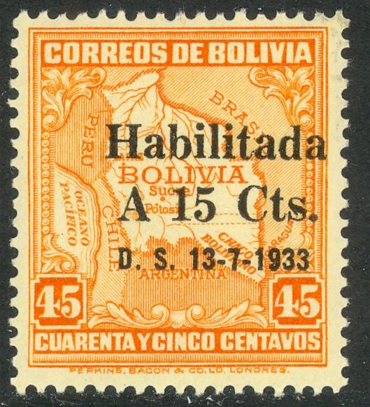 BOLIVIA 1933 15c on 45c Orange Surcharge Issue Type I Scott No. 210 MLH