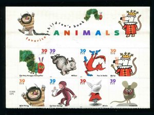 3987 - 3994 Children's Book Animals 39¢ Block of 8 Stamps with Header