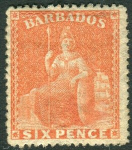 BARBADOS-1872 6d Orange Vermilion WMK Small Star Perf 15.  A fine mounted mint