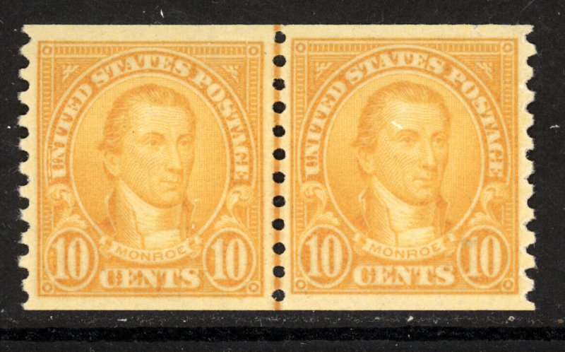 SCOTT 603 1924 10 CENT MONROE REGULAR ISSUE COIL LINE PAIR MH OG VF CAT $25!