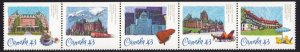 UNFOLD / NEVER FOLDED = Upper Strip of 5 HISTORIC HOTELS Canada 1993 #1471ai MNH