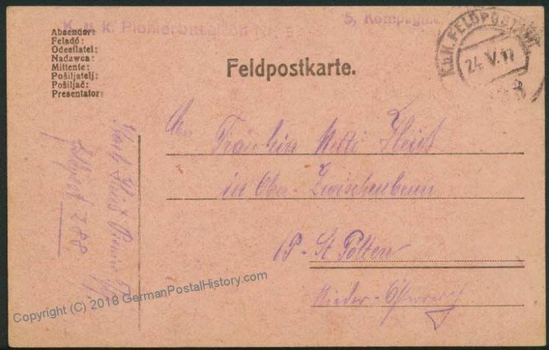 Austria WWI FP101 Pionier Batl Nr9 Feldpost Hand Stamp Soldier Mail 40748