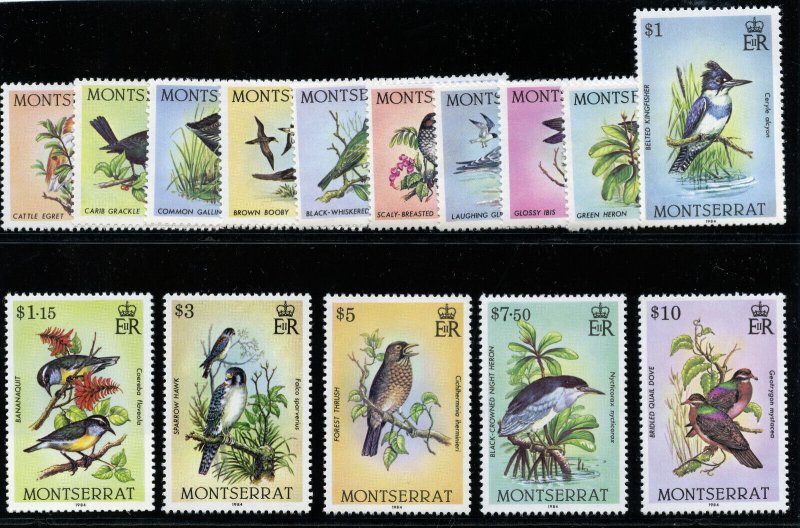 Montserrat 1984 QEII Birds complete set superb MNH. SG 600-614. Sc 524-538.