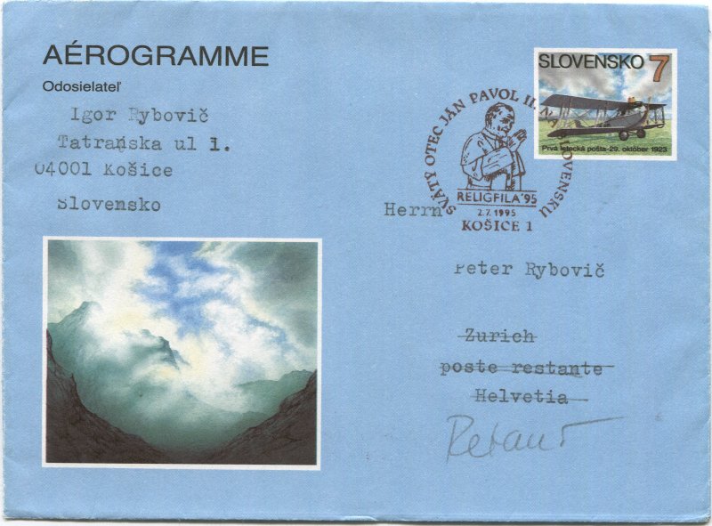 SLOVAKIA 1993 1st Issue 7sk Aerogramme + 1995 Pope Visit to Košice cancel