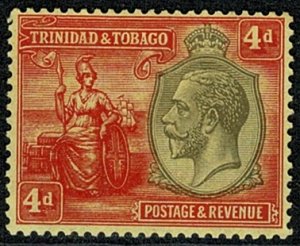 TRINIDAD KG V 1922-28 4d BLACK & RED/ PALE YELLOW UNUSED (MH) SG216 Wmk.MCCA VGC