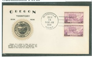 US 783 1936 3c Oregon Territory Centennial (pair) on an unaddressed FDC with an unknown cachet and a Missoula, Montana cancel.