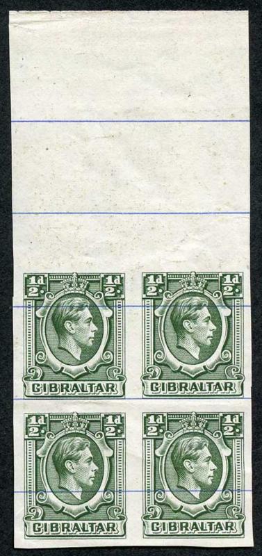 Gibraltar SG121 KGVI 1/2d Green Printers Proof IMPERF on No Wmk Blue-Lined paper