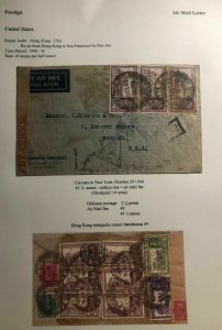 1940 Calcutta India Airmail Censored Comercial Cover To USA Via Hong Kong