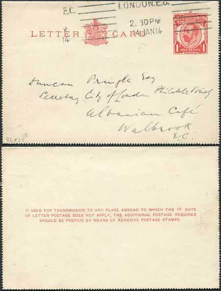 LCP6 KGV 1d Carmine Letter Card with 3 line instructions Used