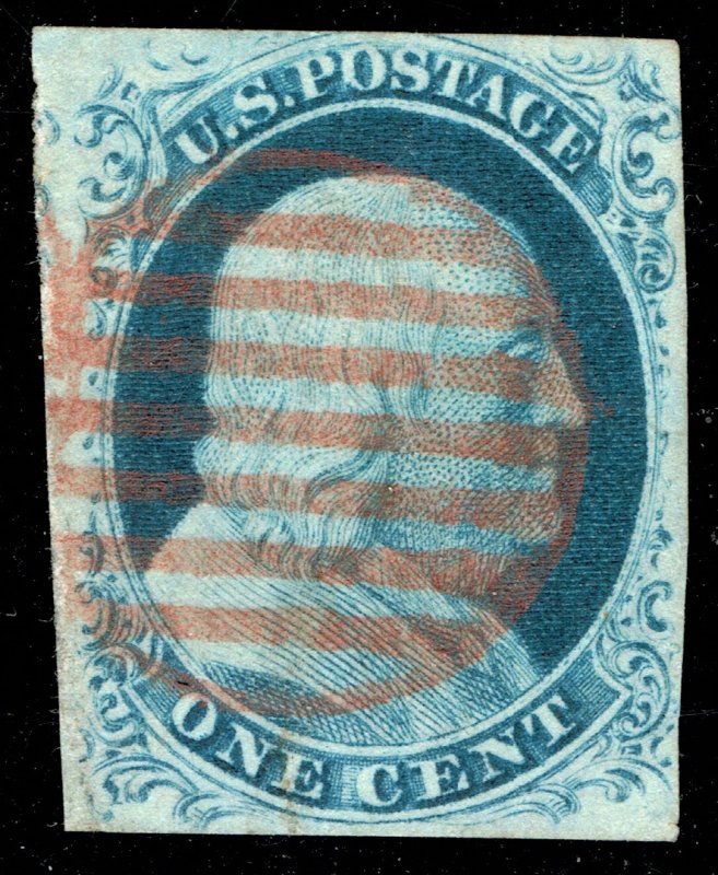 [0474] 1852 Scott#9 used 1c blue Franklin with Red grid (very little thin)