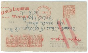 C2876 - CEYLON - Postal History - MECHANICAL postmark - KING'S WHISKY 1938