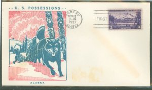 US 800 1937 3c Alaska (part of the US Possession Series) single on a FDC (addres label removed/residue remains) with an unknown