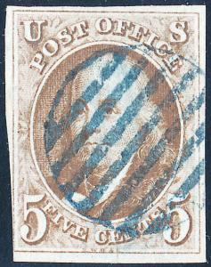 #1 XF-SUPERB USED WITH BLUE GRID CANCEL; SMALL TEAR AT BOTTOM CV $485.00 BQ3796