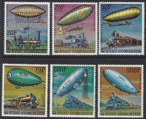 Comoro Islands #247-52, MNH set, airships and trains, issued 1977