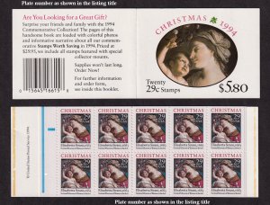 1994 Christmas Madonna BK217 booklet (2 Sc 2871Ab panes) plate number 1