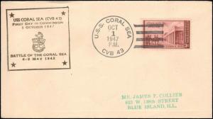 1947 USS CORAL SEA + CACHET FIRST DAY COMMISSION & BATTLE OF CORAL SEA