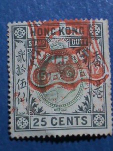 ​HONG KONG-CHINA-1903 OVER 118 YEARS OLD-HONG KONG $0.25C DUTY STAMPS VF