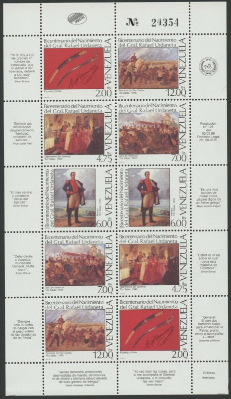 Venezuela 1995 MNH Miniature Sheet | Scott 1418 | General Urdaneta