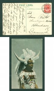 South Africa. Postcard 1913. Durban Durban Ricksha Boy 1d. King. Adr: Denmark