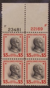 Scott 834 - $5.00 Coolidge - MNH - Plate Block Of 4 23481-22169 SCV - $325.00