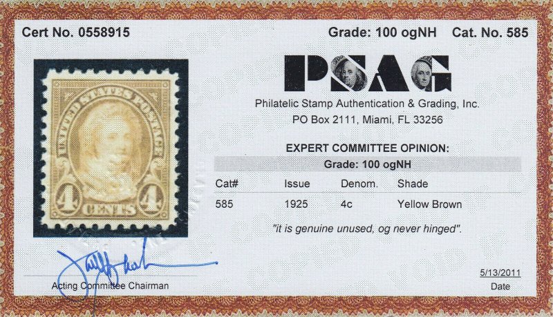 585 GEM never hinged PSAG cert graded 100 nice color cv $ 1450 ! see pic !