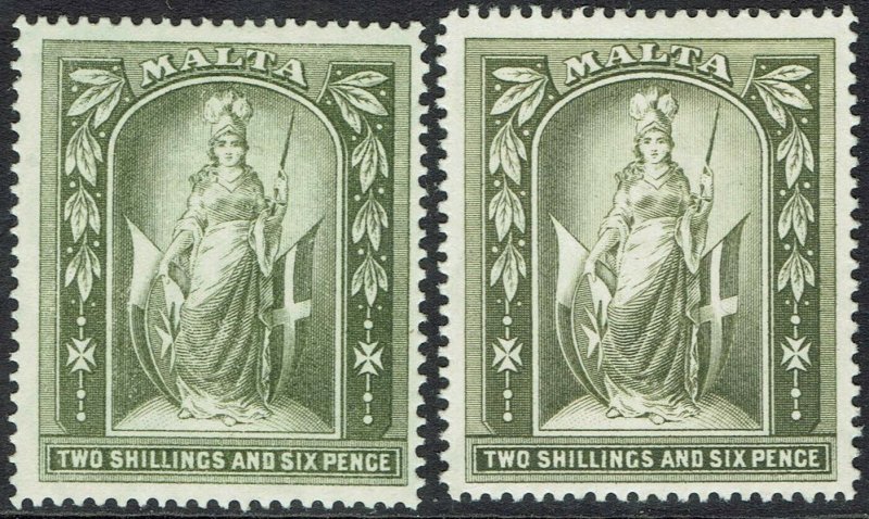 MALTA 1914 'MALTA' 2/6 BOTH SHADES WMK MULTI CROWN CA 