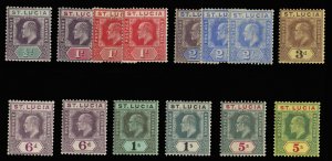 St. Lucia #50-63 (SG 64-78) Cat£300, 1904-10 Edward, complete except for 1/2...