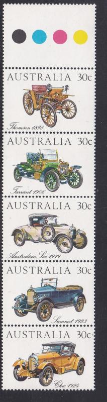 Australia # 892, Vintage Cars, Strip of Five, Folded, NH, 1/2 Cat.