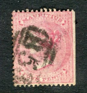 MAURITIUS; 1863 early classic QV Crown CC issue used 4d. value