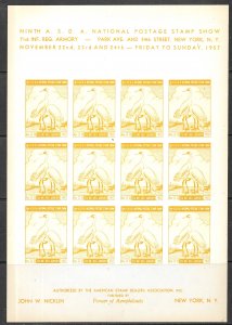 USA  1957 ASDA Stamp Show New York WHOOPING CRANE BIRDS Labels Sheet MNH 9